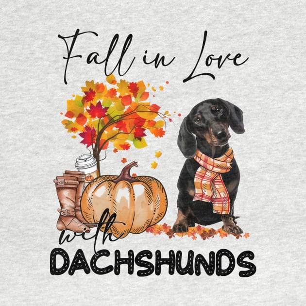 Black Dachshund Fall in Love Scarf Funny Dachshund Pumpkin by Los Draws